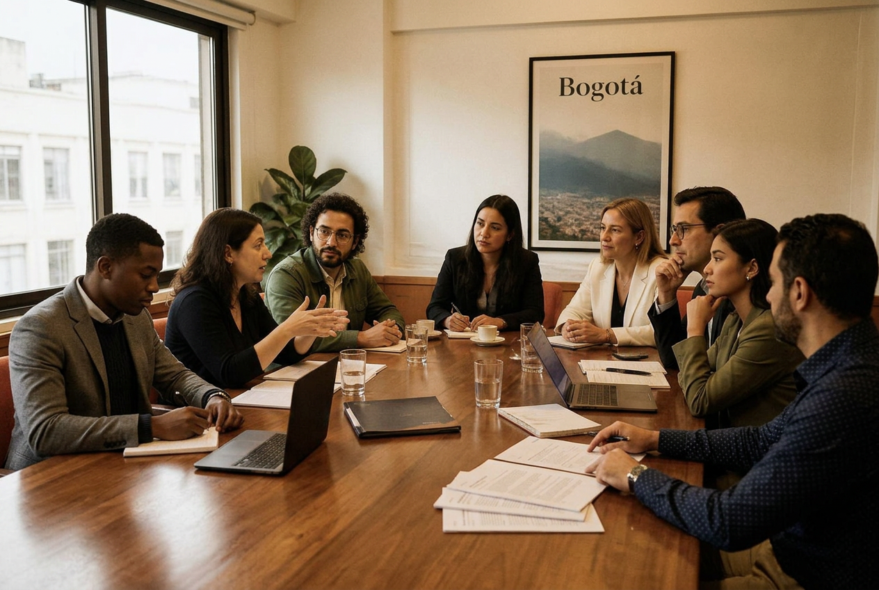 Diverse young international team around a negotiation table in Bogotá